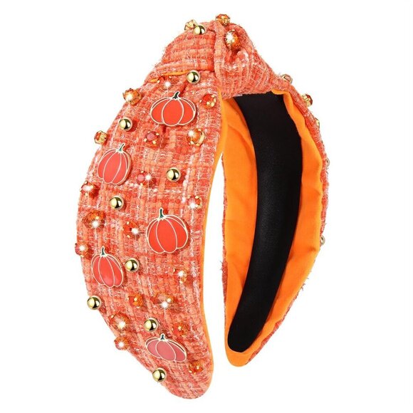 Thanksgiving Headband Women Fall Enamel Pumpkin Beaded Crystal Tweed main image 7